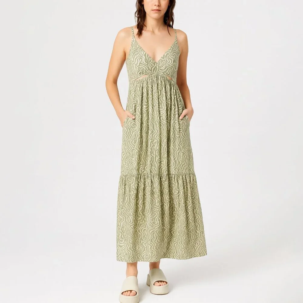 Abercrombie & Fitch Abstract Geometric Cut-Out Tiered Maxi Dress Green Size XL‎